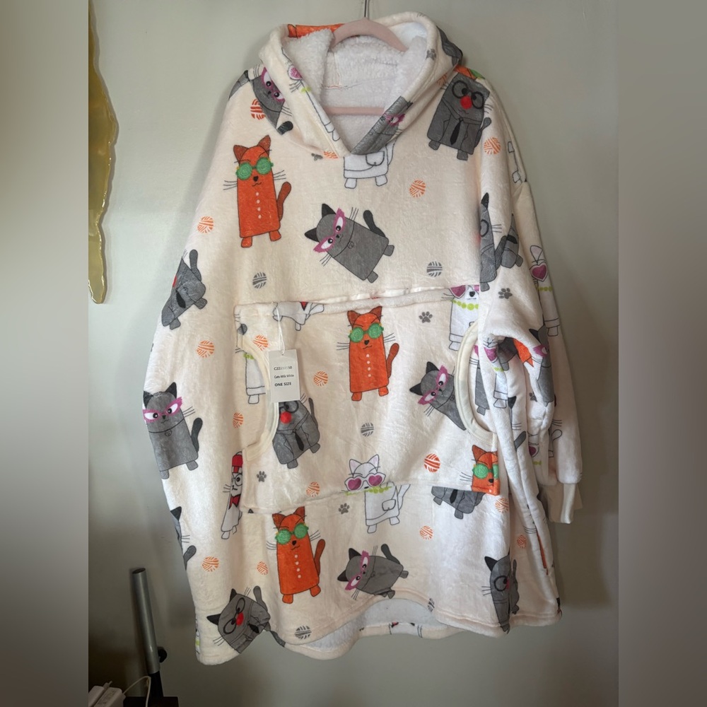 Comfy Wearable Oversize Blanket Fleece Lined Hoodie Cool Cats Soft Sherpa OS
